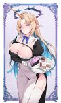  1girl :/ absurdres alternate_costume arm_under_breasts black_dress blonde_hair blue_bow blue_bowtie blush bow bowtie breasts cake cake_slice cleavage closed_mouth collar commentary crown_of_thorns detached_collar dress earrings enmaided fleurdelys_(wuthering_waves) floating_earrings food frilled_hairband frilled_wrist_cuffs frills garter_straps hairband highres holding holding_tray horns jewelry large_breasts long_hair long_sleeves looking_at_viewer maid maid_headdress namiorii parted_bangs pointy_ears purple_eyes single_horn solo thighhighs tray very_long_hair white_collar white_garter_straps white_hairband white_thighhighs white_wrist_cuffs wrist_cuffs wuthering_waves yellow_horns 