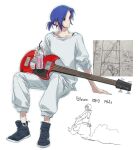  1boy 1girl bass_guitar blue_hair boots bottle commentary_request crossover flcl fretless_bass_guitar fretless_instrument gibson_sg_(bass) goggles gundam gundam_gquuuuuux haruhara_haruko hat highres holding holding_bottle instrument jieum motor_vehicle pants ponytail red_eyes scarf scooter shirt short_hair shuji_ito simple_background sitting sketch white_background white_shirt 