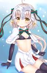  :t ahoge bell bikini_top black_bikini_top black_legwear blue_background blush bow bowtie breasts capelet closed_mouth commentary_request elbow_gloves eyebrows_visible_through_hair fate/grand_order fate_(series) fur-trimmed_capelet fur-trimmed_gloves fur_trim gloves gradient gradient_background hair_bow headpiece high-waist_skirt highres jeanne_d'arc_(fate)_(all) jeanne_d'arc_alter_santa_lily looking_at_viewer navel pom_pom_(clothes) pout short_hair sitting skirt skirt_hold small_breasts solo star striped striped_bow striped_neckwear sunameri_(pixiv3564245) teardrop tearing_up thighhighs white_capelet white_skirt zettai_ryouiki 