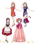  4girls ahoge aqua_eyes artbook blue_eyes braid china_dress chinese_clothes dirndl dress earrings full_body german_clothes grey_hair hair_ornament high_heels highres jewelry kurosawa_ruby long_hair long_skirt looking_at_viewer love_live! love_live!_sunshine!! multiple_girls non-web_source official_art one_eye_closed open_mouth orange_hair pumps red_dress red_eyes red_hair sakurauchi_riko salute short_hair short_sleeves simple_background skirt smile standing standing_on_one_leg takami_chika twintails two_side_up watanabe_you white_background yellow_eyes 