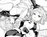  2girls arm_around_back bags_under_eyes black_sailor_collar blunt_bangs boku_no_hero_academia breasts ddd_ar0 double_bun greyscale hair_bun hand_on_own_stomach highres medium_breasts medium_hair monochrome multiple_girls parted_lips pleated_skirt sailor_collar school_uniform short_bangs skirt smile superhero_costume sweater toga_himiko twitter_username uraraka_ochaco yuri 