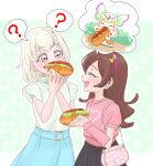  2girls ? akizora_(aki_precure) bag bare_arms belt biting black_skirt blonde_hair blue_skirt blunt_bangs blush bob_cut brown_hair chain dots earrings eating flashback food from_side hair_ornament headband heart heart_earrings highres holding holding_food hot_dog jewelry kimi_to_idol_precure long_hair long_skirt long_sleeves multiple_girls musical_note musical_note_hair_ornament parted_bangs pink_bag pink_shirt polka_dot polka_dot_background precure puffy_short_sleeves puffy_sleeves puririn_(human_form) purirun_(precure) red_eyes sakura_uta_(precure) shirt short_sleeves shoulder_bag sideways sideways_face skirt smile talking 