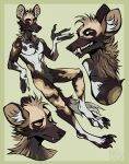 2022 4_toes 5_fingers abs african_wild_dog amber_eyes anthro arms_bent artist_name bared_teeth bent_leg big_claws biped black_claws black_nose border brown_body brown_fur brown_markings canid canine claws crotch_tuft digital_media_(artwork) dipstick_tail fangs featureless_crotch feet finger_claws fingers fur green_border grey_body grey_fur grey_markings grey_tail_tip head_tuft hi_res inner_ear_fluff kolkolukija leaning leaning_backward long_fingers looking_aside looking_at_viewer male male_anthro mammal markings model_sheet mottled mottled_body mottled_fur multiple_expressions neck_tuft nude_anthro nude_male paws pose pupils raised_hand round_ears sharp_teeth simple_background slit_pupils solo tail tail_markings tan_body tan_fur tan_markings teeth text toe_claws toes tuft whisker_spots white_body white_fur white_inner_ear_fluff white_markings