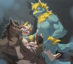 anal anal_penetration anthro arm_tuft black_claws blonde_hair blue_body bodily_fluids brown_body canid canine canis claws countershade_nose countershading cum cum_drip cum_from_nose cum_in_ass cum_in_nose cum_inside cum_on_face cumshot dipstick_horn double_anal double_penetration dripping duo ejaculation facial_markings frenum_ladder frenum_piercing genital_fluids genital_piercing genitals gloves_(marking) group group_sex hair head_markings horn humanoid_genitalia humanoid_penis ladder_piercing leg_markings lidded_eyes looking_at_another looking_at_partner looking_at_viewer lying male male/male mammal markings multicolored_horn narrowed_eyes on_back pawpads penetration penile penile_penetration penis penis_in_ass penis_piercing piercing pink_eyes pink_pawpads sex size_difference socks_(marking) tear_(marking) toe_claws tongue tongue_out tuft white_body white_countershading wolf wrist_tuft wuyabottom wuyabottom_(character) yellow_body yellow_countershading yellow_nose