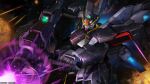  battle beam_cannon company_name copyright_notice energy energy_beam explosion firing glowing gundam gundam_battle_operation_2 highres machinery mecha mecha_focus mobile_suit painting_(medium) realistic robot scan science_fiction scope sisquiede solo space sunrise_(company) tenjin_hidetaka thrusters traditional_media v-fin 