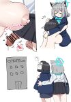  2girls ? absurdres animal_ears bar_censor black_hair black_skirt blazer blue_archive blue_halo blue_jacket blue_scarf breasts censored closed_eyes closed_mouth doodle_sensei_(blue_archive) female_sensei_(blue_archive) futa_with_female futanari grey_hair halo headpat highres hotel hug jacket large_breasts large_penis large_testicles long_sleeves multiple_girls paper_on_head penis scarf sensei_(blue_archive) shiroko_(blue_archive) shirt short_hair skirt smile spoken_question_mark testicles white_shirt wolf_ears zea_lark 