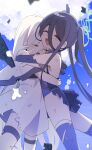  2girls absurdres aqua_halo aris_(blue_archive) aris_(mecha_suit)_(blue_archive) bare_shoulders black_hair blue_archive closed_eyes cloud commentary_request dress halo highres hug kei_(blue_archive) kei_(new_body)_(blue_archive) multiple_girls official_alternate_costume official_alternate_hairstyle open_mouth shibumenigai smile torn_clothes twintails white_dress white_hair 