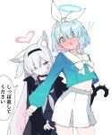  ! !! 2girls @_@ absurdres animal_ear_fluff animal_ears arona_(blue_archive) behind_another black_choker black_coat black_hairband black_sailor_collar black_skirt blue_archive blue_eyes blue_hair blue_halo blue_shirt blunt_bangs blush bow_hairband braid cat_ears cat_tail choker closed_mouth coat colored_inner_hair commentary_request cowboy_shot full-face_blush gradient_clothes gradient_hair gradient_shirt grey_choker grey_hair grey_neckerchief grey_ribbon hair_over_one_eye hair_ribbon hairband halo hand_on_another&#039;s_stomach heart heart_halo high-waist_skirt highres kemonomimi_mode long_hair long_sleeves looking_at_another looking_at_viewer midriff_peek miniskirt multicolored_hair multiple_girls navel neckerchief open_clothes open_coat parted_lips peace_peace009 pink_hair pink_halo pink_pupils plana_(blue_archive) pleated_skirt puffy_long_sleeves puffy_sleeves ribbon sailor_collar school_uniform serafuku shirt side_braid simple_background skirt speech_bubble surprised tail translation_request two-tone_hair very_long_hair white_background white_hairband white_ribbon white_sailor_collar white_skirt 