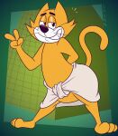 2024 anthro artist_name black_eyes black_nose curvy_figure digital_media_(artwork) domestic_cat featureless_crotch felid feline felis fur gavanzude gesture half-closed_eyes hand_behind_back hand_gesture hanna-barbera hi_res looking_at_viewer male mammal multicolored_body multicolored_fur narrowed_eyes smile solo standing tail teeth text three-quarter_view top_cat top_cat_(series) towel towel_around_waist two_tone_body two_tone_fur v_sign whiskers white_body white_fur wide_hips yellow_body yellow_ears yellow_fur yellow_tail