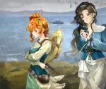  2girls absurdres black_hair blue_shirt blue_vest closed_mouth crossed_arms finger_on_trigger from_side grass green_eyes green_hairband grey_sky gun hair_ornament hairband handgun hat hat_on_back highres holding holding_gun holding_weapon long_hair looking_at_another looking_back lopera_(reverse:1999) medium_hair moldir_(reverse:1999) mountainous_horizon multiple_girls orange_hair outdoors overcast parted_lips profile rain reverse:1999 rock shirt siblings side_ponytail simple_bird sisters skirt sky step-siblings straw_hat upper_body vest water weapon white_shirt white_skirt wu_fuzuoyong yellow_eyes yellow_hat 