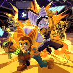 2025 action_pose anthro belt blue_eyes boots breasts clank_(ratchet_and_clank) clothing cybernetic_arm cybernetic_limb drawligator ear_piercing ear_ring explosion eyebrows eyelashes eyewear eyewear_on_head female footwear fur gloves goggles goggles_on_head green_eyes group gun hammer handwear head_tuft hi_res kit_(ratchet_and_clank) lombax machine male mammal open_mouth piercing pose ranged_weapon ratchet_(ratchet_and_clank) ratchet_and_clank ring_piercing rivet_(ratchet_and_clank) robot shoes sony_corporation sony_interactive_entertainment striped_body striped_fur stripes tail tail_tuft tools tuft weapon white_body white_fur yellow_body yellow_fur