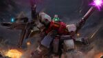  absurdres battle beam_cannon beam_rifle cloud cloudy_sky copyright_logo damaged debris dirty earth_federation energy energy_beam energy_gun firing glowing green_visor gundam gundam_battle_operation_2 gundam_unicorn highres jegan_heavy_equipment_type lens_flare looking_at_viewer machinery mecha mecha_focus mobile_suit no_humans official_art painting_(medium) realistic robot scan science_fiction scope sky smoke sunrise_(company) tenjin_hidetaka traditional_media weapon 