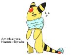 2025 4:3 ambiguous_gender ampharos bedding biped black_text blanket english_text eyes_closed forehead_gem gem generation_2_pokemon hi_res name_drop nintendo pokemon pokemon_(species) red_gem sawlamander simple_background sleeping solo sound_effects standing tail text vowelless vowelless_sound_effect white_background yellow_body zzz