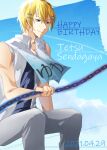 1boy blonde_hair blue_eyes blue_sky grey_pants hair_ornament happy_birthday highres male_focus pants seikistar sendagaya_tetsu servamp short_hair sky sleeveless toned toned_male towel towel_around_neck 