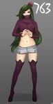  boots crown gen_7_pokemon green_hair highres khalitzburg long_hair looking_at_viewer nail_polish navel personification pokemon pokemon_(game) purple_eyes shorts simple_background solo standing thigh_boots thighhighs tsareena turtleneck 