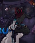 anthro anthro_on_feral bestiality blush bodily_fluids clothed clothing cunnilingus darkarlett_(character) duo female feral fur furniture genitals hi_res male male/female oral panties paws penetration pillow sex shadarrius shadarrius_(character) size_difference smaller_female sofa space tail tongue_penetration underwear vaginal vulva zero_gravity