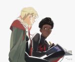  1boy 1girl animal_print black_bodysuit black_hair blonde_hair blue_eyes blush bodysuit brown_eyes closed_mouth commentary_request dark-skinned_male dark_skin dated gradient_hair grey_jacket gwen_stacy highres holding holding_pencil holding_sketchbook hood hooded_bodysuit hooded_jacket jacket korean_commentary lips long_sleeves looking_at_viewer marvel medium_hair miles_morales multicolored_hair open_clothes open_jacket pencil piercing pink_hair puffy_long_sleeves puffy_sleeves red_bodysuit short_hair signature simple_background sitting sketchbook smile sparkle spider-gwen spider-man:_across_the_spider-verse spider-man_(miles_morales) spider-man_(series) spider-verse spider_print spiderbbac superhero_costume teeth two-tone_bodysuit white_background white_bodysuit 