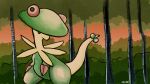 16:9 2022 ambiguous_gender artist_name biped breloom claws english_text generation_3_pokemon green_body hi_res meichel mouth_closed nintendo outside plant pokemon pokemon_(species) shrub solo standing tail text tree white_text widescreen
