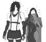  1boy 1girl ? absurdres bare_shoulders belt black_sports_bra black_thighhighs blush cape cloak closed_eyes cosplay costume_switch cowboy_shot elbow_gloves english_commentary final_fantasy final_fantasy_vii final_fantasy_vii_rebirth final_fantasy_vii_remake gloves greyscale hair_over_one_eye headband height_difference highres long_hair looking_at_another midriff miniskirt monochrome multiple_belts open_mouth raisinbunn simple_background single_glove skirt spiked_hair spoken_question_mark sports_bra suspender_skirt suspenders tank_top thighhighs tifa_lockhart tifa_lockhart_(cosplay) vincent_valentine vincent_valentine_(cosplay) white_background white_tank_top zettai_ryouiki 