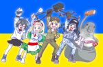  2others 4girls anonymous_(japanese) arm_up azov_battalion belarusian_flag belarusian_flag_print belt black_shirt black_sweater blonde_hair blouse blue_eyes blue_shirt blue_shoes blue_stripes bob_cut boots bow bowl breasts brown_boots brown_eyes brown_pants camouflage capelet cargo_pants cigarette cleavage closed_eyes crop_top digital_camouflage dress drone flag_background fur-trimmed_capelet fur_trim gloves green_capelet green_gloves green_hair green_shirt green_tank_top grin hair_between_eyes hair_ribbon hand_on_own_hip hat holding holding_bowl holding_drone holding_phone holding_shovel homunculus_loxodontus hood hooded_capelet hoodie jacket japanon kraken_(japanon) leaning_to_the_side lera_(sighttobehold) load_bearing_equipment load_bearing_vest long_hair looking_at_viewer marichka medium_breasts military military_combat_uniform military_uniform miniskirt mittens multiple_girls multiple_others open_mouth original outstretched_arm outstretched_arms pants pantyhose paulinka_(japanon) peaked_cap phone pinafore_dress pleated_skirt red_stripes ribbon russian_anti-war_flag russo-ukrainian_war schweinokaras sharp_teeth shirt shirt_bow shoes short_hair shovel skirt sleeveless sleeveless_dress smile sneakers snow_camouflage socks soldier squid_print swastika_tattoo sweater tank_top tattoo teeth toes tongue turtleneck turtleneck_sweater ukraine ukrainian_flag unzipped upper_teeth_only white_hoodie white_pantyhose winter_clothes 