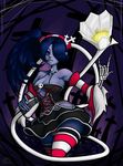  1girl bare_shoulders blue_skin breasts cleavage detached_sleeves gothic_lolita hair_over_one_eye leviathan_(skullgirls) monster_girl red_eyes side_ponytail skullgirls squigly_(skullgirls) stitched_mouth stitches striped striped_legwear zombie 