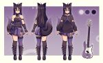  1girl ahoge animal_ear_fluff animal_ears arm_belt arm_cutout asymmetrical_legwear bare_shoulders bass_guitar belt belt_boots belt_collar black-framed_eyewear black_belt black_boots black_choker black_gloves black_hair black_nails black_sweater black_tail boots borrowed_character chain chest_belt chest_strap choker closed_mouth collar collarbone colored_inner_hair commission fender_precision_bass fingerless_gloves fishnet_gloves fishnet_socks fishnet_top fishnets fox_ears fox_girl fox_tail from_behind full_body garter_straps glasses gloves highres instrument jeska_brucker jewelry light_smile long_hair mismatched_legwear multicolored_hair multiple_belts multiple_rings multiple_views original pleated_skirt purple_background purple_eyes purple_hair purple_skirt purple_tail purple_thighhighs reference_sheet renna_(arsenixshirogon) ring second-party_source side_slit single_garter_strap skirt sleeves_past_wrists socks standing sweater tail thighhighs turnaround twitter_username variations zettai_ryouiki 