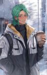  1boy :d arm_up backpack bag blurry blurry_background blush coat cove_holden cup curtained_hair disposable_coffee_cup disposable_cup eiden_kato green_eyes green_hair grin hair_bun hand_in_pocket haze highres holding holding_cup looking_at_viewer male_focus our_life:_beginnings_and_always sidelocks smile snowing solo sweater turtleneck turtleneck_sweater unzipped upper_body winter winter_clothes winter_coat 