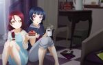  2girls :o artbook blue_dress blue_hair blush cake cake_slice checkered_floor coffee coffee_mug collarbone cup dress food fruit grey_pants hair_between_eyes hair_ornament hair_over_shoulder hair_scrunchie highres holding holding_cup holding_plate hood hood_down hoodie indoors knees_together_feet_apart long_hair looking_at_another love_live! love_live!_sunshine!! low-tied_long_hair low_ponytail mug multiple_girls non-web_source official_art open_mouth pants pants_rolled_up pink_scrunchie plate ponytail print_mug purple_eyes red_hair sakurauchi_riko scrunchie shirt short_sleeves sitting smile steam strawberry table teacup tsushima_yoshiko white_scrunchie yellow_eyes 