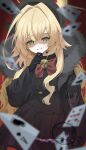  1girl 966_kururu_966 absurdres black_gloves black_hat black_jacket black_pantyhose black_shirt black_skirt blonde_hair blue_archive bow cane card fur_shawl gloves green_eyes grin hair_between_eyes hand_on_own_chin hat highres holding holding_cane jacket long_hair looking_at_viewer pantyhose playing_card professor_niyaniya_(blue_archive) red_bow shaded_face shawl shirt sidelocks skirt smile solo 
