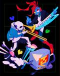  1boy 1girl black_background black_jacket blue_jacket blue_skin bone boots colored_sclera colored_skin eyepatch fins full_body grin head_fins heart highres holding holding_instrument holding_microphone instrument jacket kanianoreki keyboard_(instrument) knee_boots mettaton microphone music non-humanoid_robot one_eye_covered open_mouth playing_instrument ponytail red_boots red_hair robot sans_(undertale) smile trumpet undertale undyne yellow_sclera 