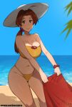  ahoge beach beach_towel bikini breasts brown_eyes brown_hair cleavage delia_ketchum dr_octojuice hair_ornament hat highleg highleg_bikini highres lips pokemon ponytail sand shiny_skin smile solo sun_hat swimsuit thick_thighs thighs towel yellow_bikini 