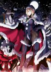  2girls animal_costume antlers artoria_pendragon_(all) artoria_pendragon_(lancer_alter) blonde_hair breasts cleavage fate/grand_order fate_(series) full_moon green_eyes hair_between_eyes hand_on_hip hat highres large_breasts looking_at_viewer moon mordred_(fate)_(all) multiple_girls reindeer_antlers reindeer_costume ribbon santa_costume santa_hat snowing squatting takatsuki_nato thighhighs thighs 