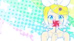  bare_shoulders blonde_hair blue_eyes bow collarbone commentary_request covered_mouth flower hair_bow hair_flower hair_ornament hairclip kagamine_rin looking_at_viewer pinwheel portrait shirosato short_hair sleeveless solo sunflower_hair_ornament vocaloid 