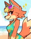 2025 4:5 animal_crossing anthro audie_(animal_crossing) beach blonde_hair blue_eyes blush blush_lines canid canine canis clothed clothed_anthro clothed_female clothing cloud eyebrows eyelashes eyewear eyewear_on_head female fur hair hi_res jayrnski looking_at_viewer mammal multicolored_body multicolored_fur nintendo open_mouth orange_body orange_fur red_wolf sky solo sparkles sunglasses sunglasses_on_head tail twitter_handle two_tone_body two_tone_fur wolf