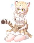  absurdres animal_ears black_hair blonde_hair blush bow bowtie brown_skirt bubble cat_ears cat_tail elbow_gloves eyebrows_visible_through_hair fangs gloves highres kakutasu_(akihiron_cactus) kemono_friends looking_at_viewer multicolored_hair open_mouth sand_cat_(kemono_friends) sand_cat_print seiza short_hair sitting skirt solo tail teeth white_bow white_gloves white_neckwear yellow_eyes 