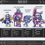  4girls :o angewomon animal_costume anklet aqua_hair armor armored_boots bare_shoulders barefoot bikini bikini_armor blonde_hair blue_cape blue_skin blue_tabard boots braid button_eyes buttons cape character_name chibi chibi_only cho-hakkaimon colored_skin cosplay covered_eyes dancer&#039;s_costume_(dq) dclaret digimon digimon_(creature) dragon_quest dragon_quest_iii dress elbow_gloves english_commentary fins full_body gameplay_mechanics gloves green_hair grin hair_between_eyes hat head_fins heads-up_display heart helmet helmet_over_eyes highres holding huge_weapon jewelry leotard living_weapon loincloth long_hair mace mask mervamon metal_bikini midriff multiple_girls navel one_eye_closed open_mouth orange_eyes orange_leotard pig_costume pink_armor priest_(dq3) priest_(dq3)_(cosplay) print_headwear ranamon red_armor red_cape red_eyes red_gloves sage_(dq3) sage_(dq3)_(cosplay) shadow short_hair shoulder_pads sidelocks single_thighhigh smile staff standing standing_on_one_leg swimsuit sword tabard teeth thighhighs thighlet twin_braids user_interface waist_cape warrior_(dq3) warrior_(dq3)_(cosplay) weapon web_address white_background white_dress white_thighhighs winged_helmet yellow_boots yellow_eyes yellow_gloves 
