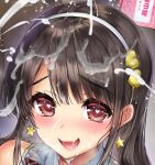  1girl aroused black_hair blush commentary_request cropped cum cum_on_body cum_on_hair earrings facial hairband heart heart-shaped_pupils hisasi jewelry long_hair looking_at_viewer lowres open_mouth original portrait red_eyes smile solo star_(symbol) star_earrings swept_bangs symbol-shaped_pupils white_hairband 