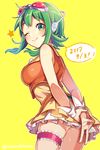  ;) ass blush breasts closed_mouth dated eyebrows_visible_through_hair goggles goggles_on_head green_eyes green_hair gumi headset highres large_breasts looking_at_viewer nou one_eye_closed smile solo speech_bubble twitter_username v vocaloid yellow_background 