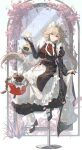  1girl absurdres alexandrina_sebastiane alin_leng_bu_sheng anastella_(zenless_zone_zero) apron bangboo_(zenless_zone_zero) black_dress black_shoes bow bowtie breasts chest_harness dress drusilla_(zenless_zone_zero) full_body grey_hair harness high_heels highres holding holding_plate large_breasts long_hair long_sleeves looking_at_viewer maid_headdress plate red_eyes shoes smile very_long_hair white_apron white_bow white_bowtie zenless_zone_zero 