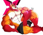 abs anthro beard big_muscles canid canine facial_hair fox hi_res lonefox1332 looking_at_viewer male male/male mammal muscular nude pecs sharp_teeth sitting smile solo teeth towel vein veiny_muscles