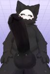 anthro archie_(artist) balls black_body black_fur blush bodily_fluids canid canine canis changed_(video_game) digital_media_(artwork) fur genitals hair hi_res humanoid_genitalia humanoid_penis looking_at_viewer male mammal mask penis puro_(changed) simple_background smile solo wolf