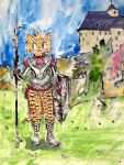 ambiguous_gender anthro armor breastplate building cape clothed clothed_anthro clothing domestic_cat felid feline felis hi_res holding_melee_weapon holding_object holding_polearm holding_shield holding_spear holding_weapon mammal medieval melee_weapon naircat polearm red_cape red_clothing shield smile solo spear weapon