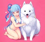  animal artist_name bangs bare_arms bare_legs barefoot bikini blue_hair blue_ribbon blueberry_(5959) blunt_bangs breasts cleavage collarbone dog eyebrows_visible_through_hair full_body hair_ribbon halter_top halterneck heart highres kneeling kotonoha_aoi long_hair looking_at_viewer medium_breasts navel pink_background red_eyes ribbon simple_background smile solo swimsuit voiceroid white_bikini 