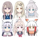 6+girls blonde_hair blue_archive blue_eyes brown_hair commentary deux_murasame gakuen_idolmaster gundam gundam_gquuuuuux highres idolmaster japanese_crested_ibis_(kemono_friends) jitome kanna_kamui kemono_friends kobayashi-san_chi_no_maidragon long_hair mono_(afro) multiple_girls natsu_(blue_archive) orange_eyes pink_hair purple_eyes purple_hair shikishima_sakurako shinosawa_hiro simple_background tenten_(chan4545) trait_connection white_background white_hair yellow_eyes 