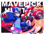  2boys aiming aiming_at_viewer android arm_cannon armor blonde_hair blue_armor blue_eyes blue_helmet chest_jewel clenched_hands fighting_stance forehead_jewel gloves green_eyes guutara helmet highres long_hair mega_man_(series) mega_man_x1 mega_man_x_(series) multiple_boys ponytail red_armor red_helmet robot robot_ears standing very_long_hair weapon white_gloves x_(mega_man) zero_(mega_man) 