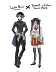  1boy 1girl alternate_costume alternate_hairstyle alternate_universe arms_at_sides bespectacled black_bodysuit black_boots black_bow black_eyes black_hair black_pants black_shoes black_thighhighs blouse blunt_bangs blunt_ends bodysuit boots bow braid brown_cardigan cardigan cardigan_around_waist clothes_around_waist collared_shirt contemporary covered_collarbone delinquent enerochinarts english_text full_body genshin_impact glasses hair_between_eyes hair_bow highres holding jacket jacket_around_waist jitome knee_boots lace-up_boots large_bow long_braid long_sleeves looking_at_another looking_at_viewer mona_(genshin_impact) no_mouth pants parted_bangs pleated_skirt red_bow red_skirt rimless_eyewear round_eyewear scaramouche_(genshin_impact) school_uniform shirt shoes sideways_glance sketch skindentation skirt standing thighhighs twin_braids white_background white_jacket white_shirt white_sleeves 