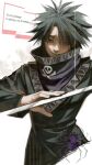 1boy black_eyes black_hair evil_smile feitan_portor high_collar highres hunter_x_hunter kyuuba_melo long_sleeves looking_at_viewer male_focus nose parted_bangs short_hair simple_background skull_print smile solo spiked_hair translation_request upper_body 