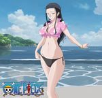  1girl alone beach bikini black_hair blue_eyes breasts cleavage clouds female island large_breasts long_hair navel nico_robin one_piece sea sky solo stomach thighs 