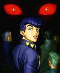  black_hair blue_eyes diamond_wa_kudakenai earrings hat heart higashikata_josuke highres hirose_koichi jewelry jojo_no_kimyou_na_bouken joseph_joestar joseph_joestar_(old) killer_queen kujo_jotaro lips male_focus multiple_boys nijimura_okuyasu pompadour santamanymany solo_focus 