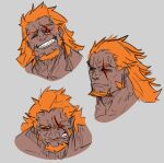  1boy black_sclera colored_sclera cropped_shoulders dark-skinned_male dark_skin evil_grin evil_smile facial_hair fire_emblem fire_emblem_heroes grin long_hair male_focus misterpanncake multiple_views orange_hair red_eyes scar scar_across_eye scar_on_face sharp_teeth simple_background smile surtr_(fire_emblem) teeth 